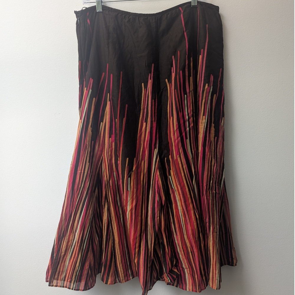 Calvin Klein Midi Skirt Brown Pink Stripe Abstract Cotton Sz 14 Boho Artsy
